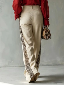 SHEIN Women's Vintage Leopard Print Patchwork Wide Leg Pants, Fall Textured Linen High Waist Pleated Draped Straight Leg Casual Loose Slimming Beige Holiday - Apricot - View 2