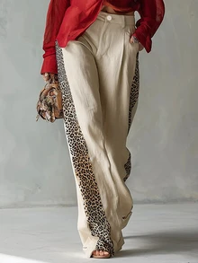 SHEIN Women's Vintage Leopard Print Patchwork Wide Leg Pants, Fall Textured Linen High Waist Pleated Draped Straight Leg Casual Loose Slimming Beige Holiday - Apricot - View 1
