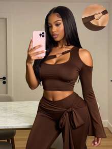 Zolique Autumn New Elegant Sexy Party Night Out Hollow One-Shoulder Bell-Sleeved Cropped Top And Side-Tie Cropped Pants Two Pieces Set, Dark Brown Slim-Fitting - Brown - View 3
