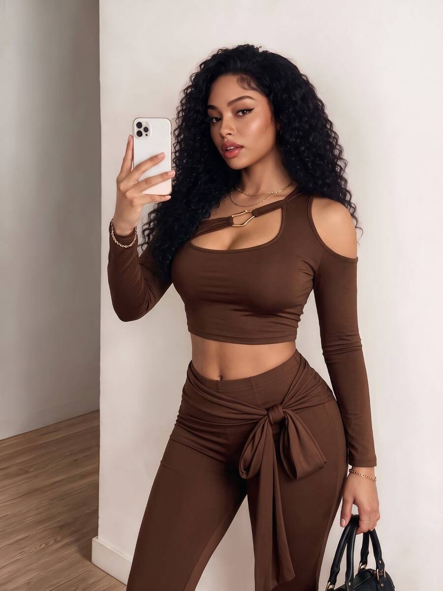 Zolique Autumn New Elegant Sexy Party Night Out Hollow One-Shoulder Bell-Sleeved Cropped Top And Side-Tie Cropped Pants Two Pieces Set, Dark Brown Slim-Fitting