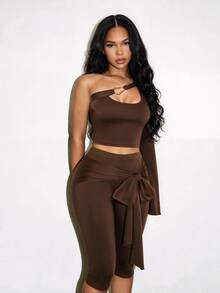 Zolique Autumn New Elegant Sexy Party Night Out Hollow One-Shoulder Bell-Sleeved Cropped Top And Side-Tie Cropped Pants Two Pieces Set, Dark Brown Slim-Fitting - Brown - View 10