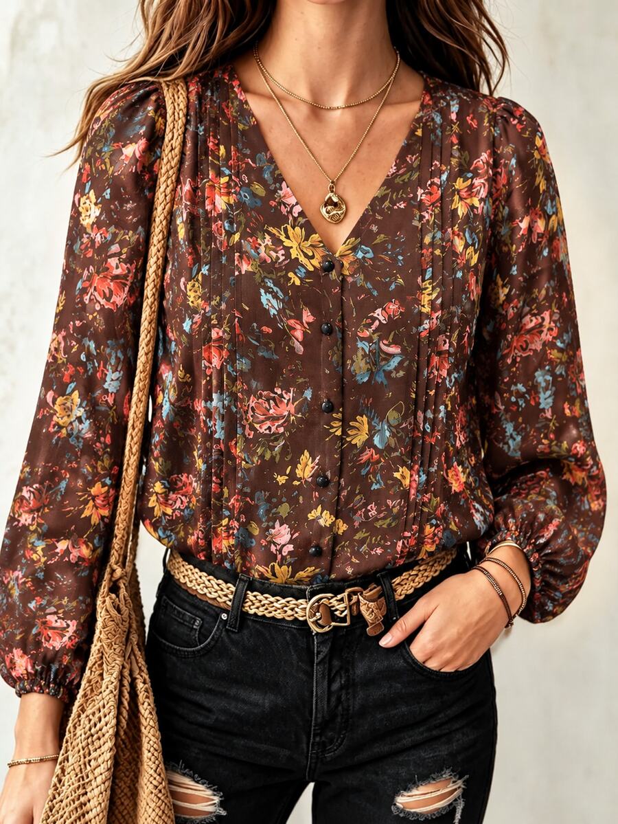 Linhara CURVE Plus-Size Lady's Printed Casual Autumn Blouse - Pink - View 1