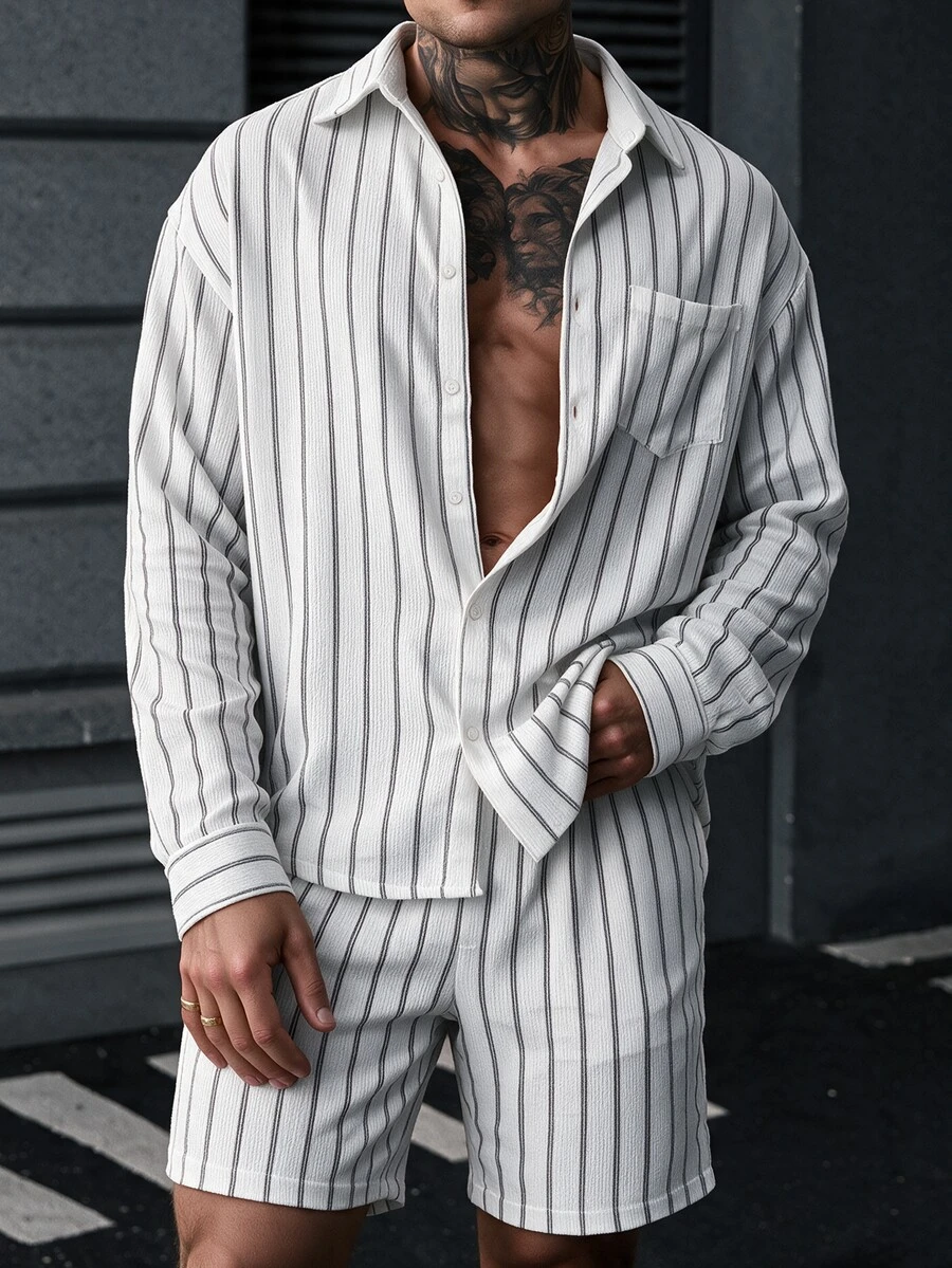 SLATEMANN Men's Casual Striped Long Sleeve Shirt And Drawstring Shorts Set - White - View 1