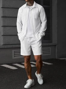 SLATEMANN Men's Casual Striped Long Sleeve Shirt And Drawstring Shorts Set - White - View 4