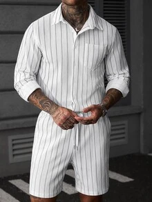 SLATEMANN Men's Casual Striped Long Sleeve Shirt And Drawstring Shorts Set - White - View 8