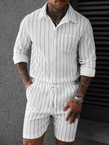 SLATEMANN Men's Casual Striped Long Sleeve Shirt And Drawstring Shorts Set - White - View 3