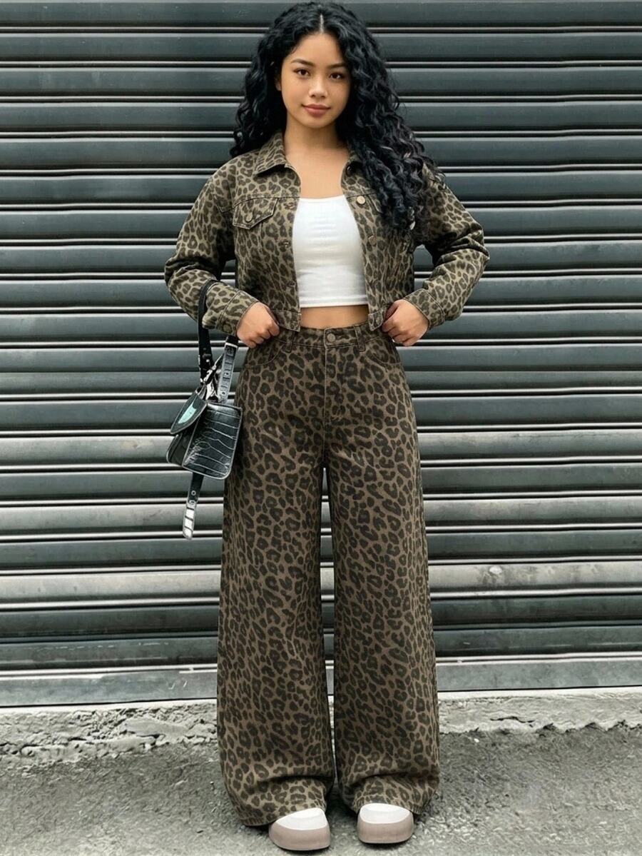 SHEIN Teen Girl Leopard Print Jacket & Jeans Set - Brown - View 1