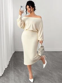 Elenzga Plus Size Women's Elegant Fashion Versatile Daily Commute Cowl Neck Dress, Suede Ribbed, Suitable For Autumn/Winter Fall Party Formal Cream - Apricot - View 6