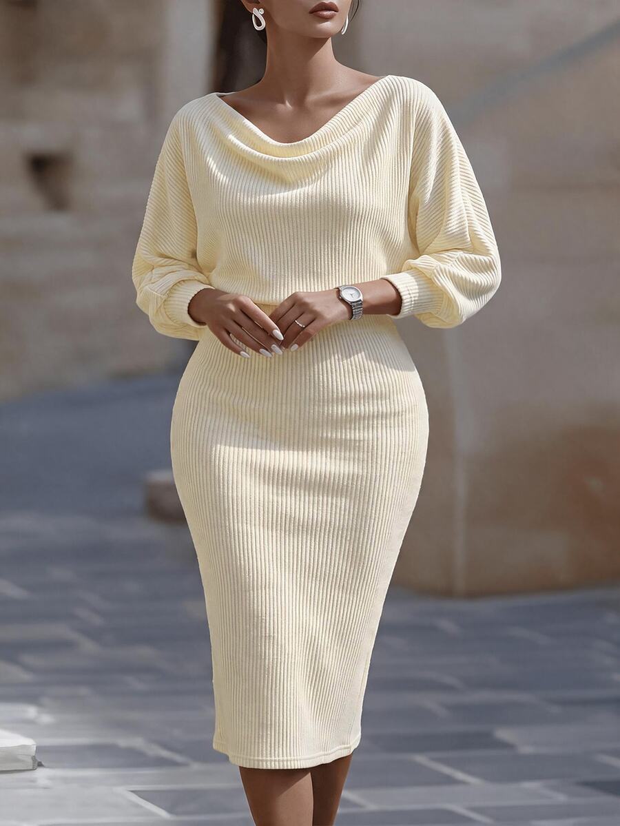 Elenzga Plus Size Women's Elegant Fashion Versatile Daily Commute Cowl Neck Dress, Suede Ribbed, Suitable For Autumn/Winter Fall Party Formal Cream - Apricot - View 1