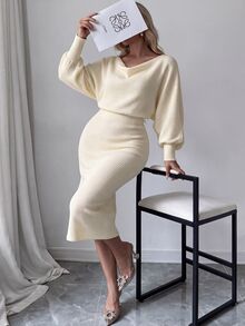 Elenzga Plus Size Women's Elegant Fashion Versatile Daily Commute Cowl Neck Dress, Suede Ribbed, Suitable For Autumn/Winter Fall Party Formal Cream - Apricot - View 1