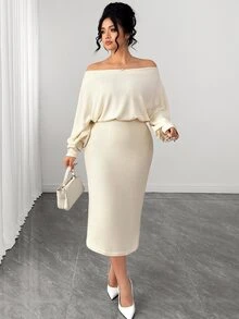 Elenzga Plus Size Women's Elegant Fashion Versatile Daily Commute Cowl Neck Dress, Suede Ribbed, Suitable For Autumn/Winter Fall Party Formal Cream - Apricot - View 7