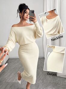 Elenzga Plus Size Women's Elegant Fashion Versatile Daily Commute Cowl Neck Dress, Suede Ribbed, Suitable For Autumn/Winter Fall Party Formal Cream - Apricot - View 3