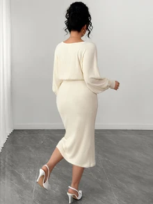 Elenzga Plus Size Women's Elegant Fashion Versatile Daily Commute Cowl Neck Dress, Suede Ribbed, Suitable For Autumn/Winter Fall Party Formal Cream - Apricot - View 2