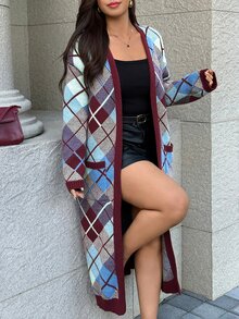Easura Cardigan Wol Panjang Motif Kotak-kotak Vintage Ukuran Besar Sweater Kasual dengan Saku untuk Musim Dingin - MultiWarna - View 9