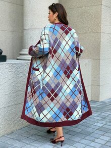 Easura Cardigan Wol Panjang Motif Kotak-kotak Vintage Ukuran Besar Sweater Kasual dengan Saku untuk Musim Dingin - MultiWarna - View 2