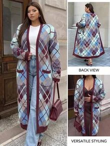 Easura Cardigan Wol Panjang Motif Kotak-kotak Vintage Ukuran Besar Sweater Kasual dengan Saku untuk Musim Dingin - MultiWarna - View 3