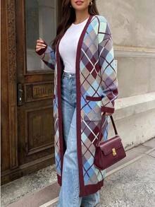 Easura Cardigan Wol Panjang Motif Kotak-kotak Vintage Ukuran Besar Sweater Kasual dengan Saku untuk Musim Dingin - MultiWarna - View 11