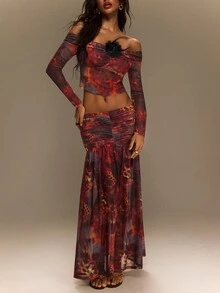 TypaGal Fall Festival Halloween Y2K Holiday Luxury Formal Sexy Going Out Night Out Club Party Elegant Vacation Floral 3D Decor 2 Pieces Set Blue Gingham - Multicolor - View 1