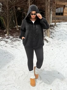 Muchica Plus Size Women's Raglan Long Sleeve Zip-Up Hooded Jacket - Black - View 5