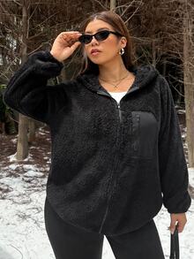 Muchica Plus Size Women's Raglan Long Sleeve Zip-Up Hooded Jacket - Black - View 1