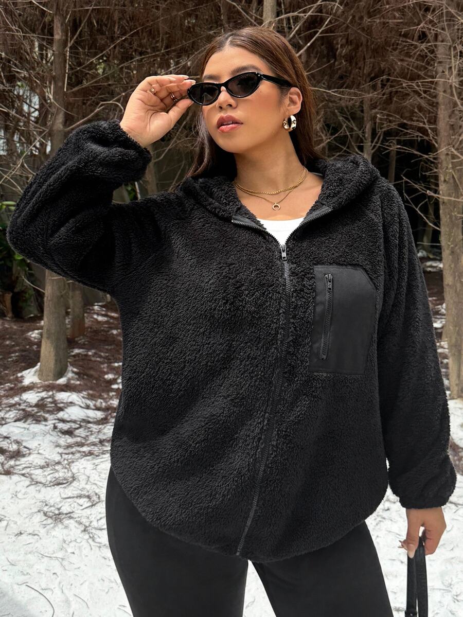 Muchica Plus Size Women's Raglan Long Sleeve Zip-Up Hooded Jacket - Black - View 1