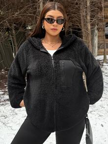 Muchica Plus Size Women's Raglan Long Sleeve Zip-Up Hooded Jacket - Black - View 3