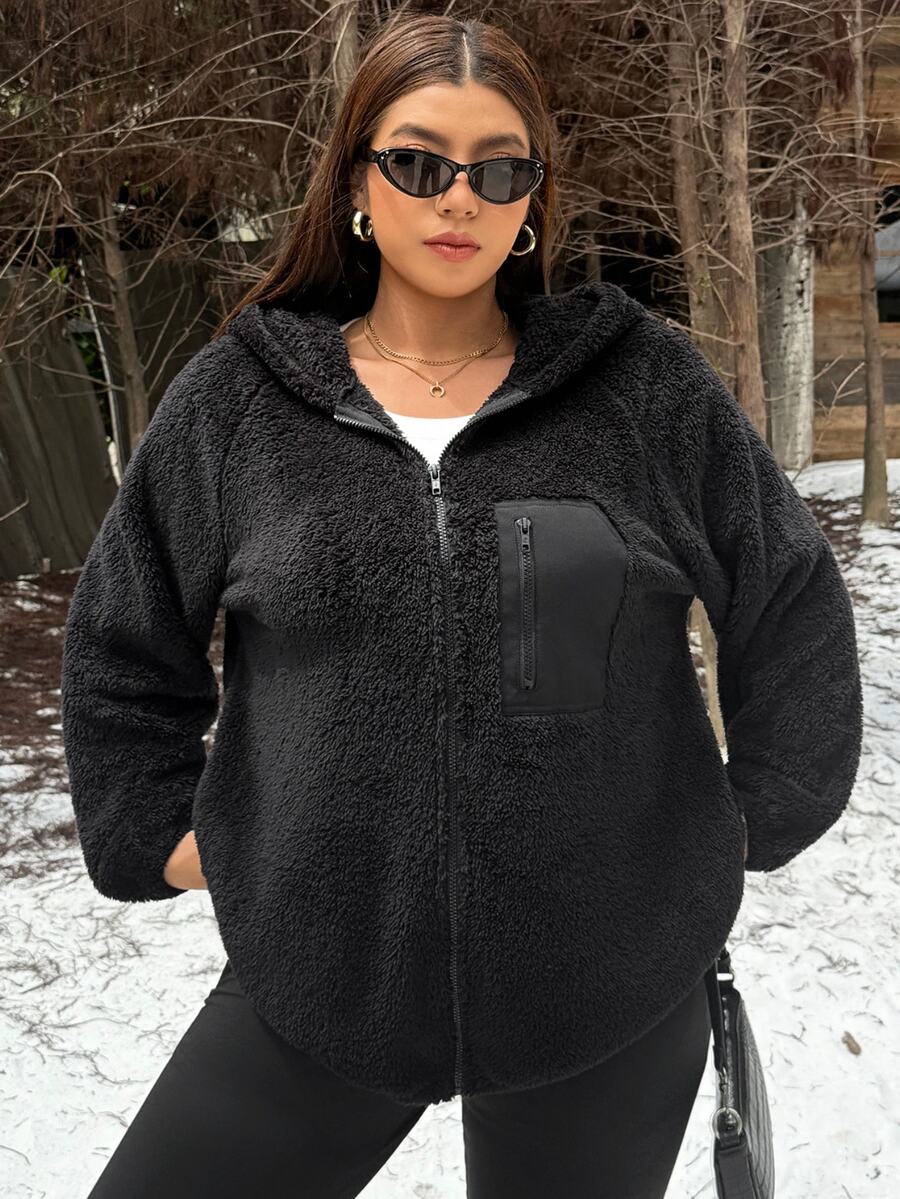 Muchica Plus Size Women's Raglan Long Sleeve Zip-Up Hooded Jacket - Black - View 1