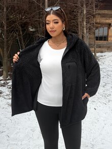 Muchica Plus Size Women's Raglan Long Sleeve Zip-Up Hooded Jacket - Black - View 7
