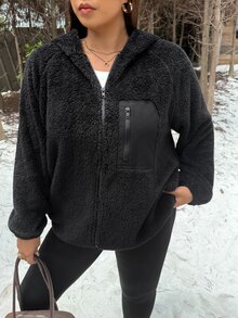 Muchica Plus Size Women's Raglan Long Sleeve Zip-Up Hooded Jacket - Black - View 4