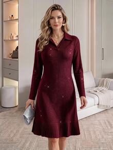 Medorina Elegant Luxury Business, Sparkly Pleated, Dresses For Women, Knit, Burgundy, Long Sleeve A-Line, Party Wedding Guest, Christmas, Fall Winter - Burgundy - View 1