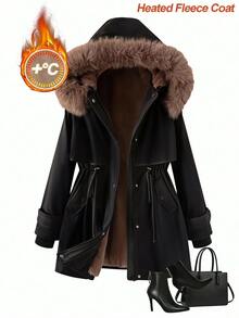 Reflora Plus Size Little Fox Long Plush Lining Parka Coat Winter Vacation Going Out Black Baggy Smart - Black - View 10