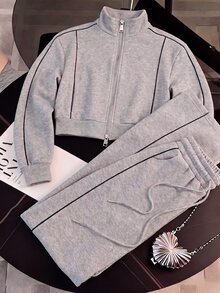 SHEIN Fashion Street Casual Women's Zip-Up Lapel Collar Vacation Sweatshirt Set - Grey - View 1