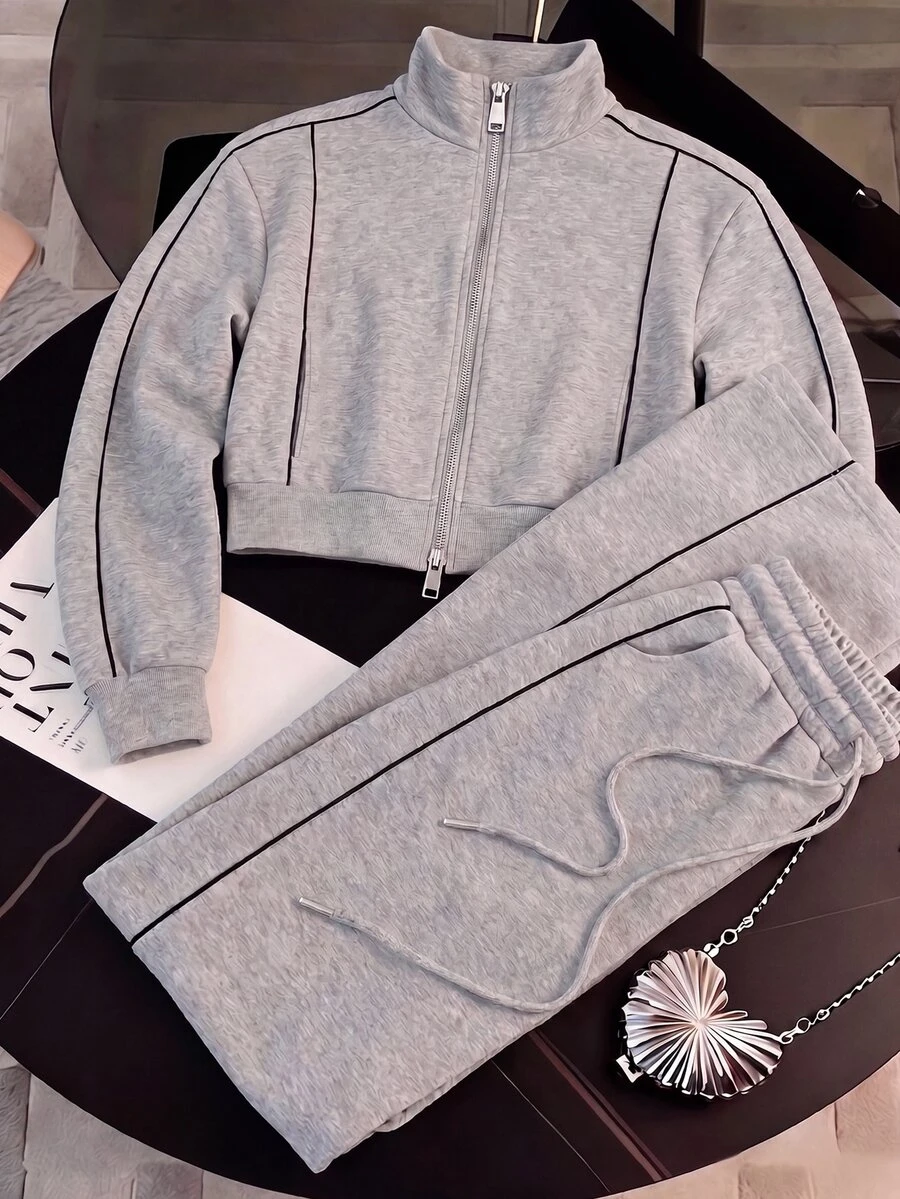 SHEIN Fashion Street Casual Women's Zip-Up Lapel Collar Vacation Sweatshirt Set - Grey - View 1