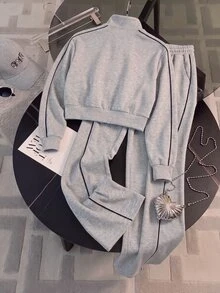 SHEIN Fashion Street Casual Women's Zip-Up Lapel Collar Vacation Sweatshirt Set - Grey - View 2