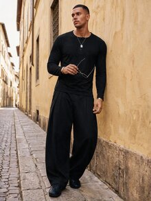 Ocevento 男士純色半開襟鈕扣長袖休閒T恤 - 黑色 - 查看 5