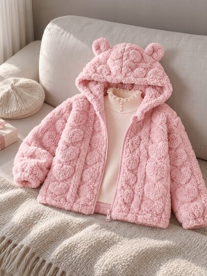 SHEIN Genkimix Kids Young Girl' Casual Western Plush Jacket, Pink, Zipper Front, Heart Pattern, Hooded For Autumn/Winter