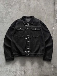 AXEPEAK Men's Long Sleeve Pocket Airplane Button Shirt And Button Pocket Loose Denim Pants Set - Black - View 3