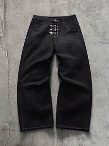 AXEPEAK Men's Long Sleeve Pocket Airplane Button Shirt And Button Pocket Loose Denim Pants Set - Black - View 7