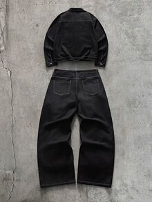 AXEPEAK Men's Long Sleeve Pocket Airplane Button Shirt And Button Pocket Loose Denim Pants Set - Black - View 2