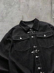AXEPEAK Men's Long Sleeve Pocket Airplane Button Shirt And Button Pocket Loose Denim Pants Set - Black - View 5