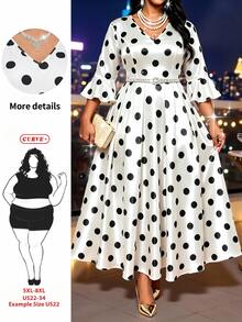 SHEIN CURVE+ Plus Size French Polka Dot Print Ruffle Cuff Dress Cocktail Evening Autumn Formal Elegant 90s 90s We Christmas - Black and White - View 7