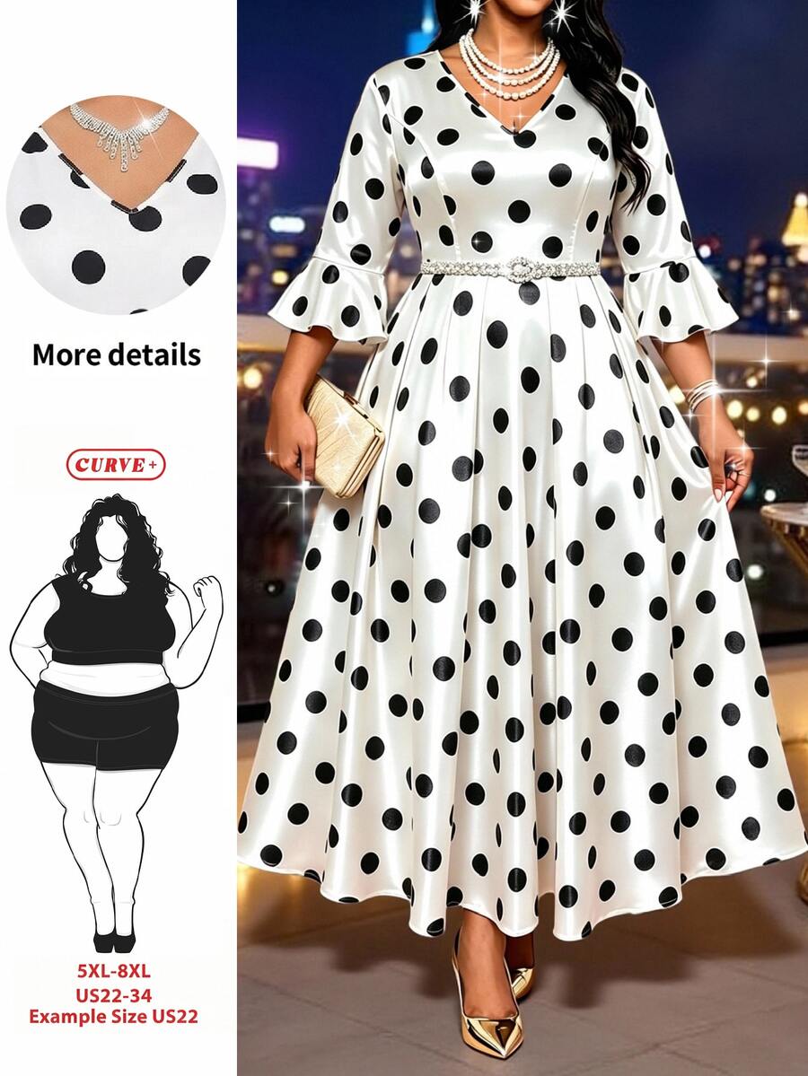 SHEIN CURVE+ Plus Size French Polka Dot Print Ruffle Cuff Dress Cocktail Evening Autumn Formal Elegant 90s 90s We Christmas - Black and White - View 1