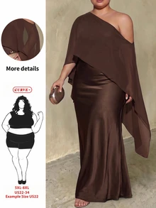 SHEIN CURVE+ Gaun Pesta Kasual Wanita Ukuran Besar dengan Bahu Asimetris untuk Natal - Coklat - View 1