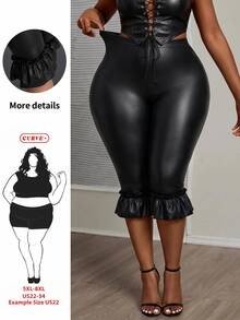 SHEIN CURVE+ Plus Size Women's Solid Color PU Leather Ruffle Trim Fashion 3/4 Length Pants Christmas - Black - View 1