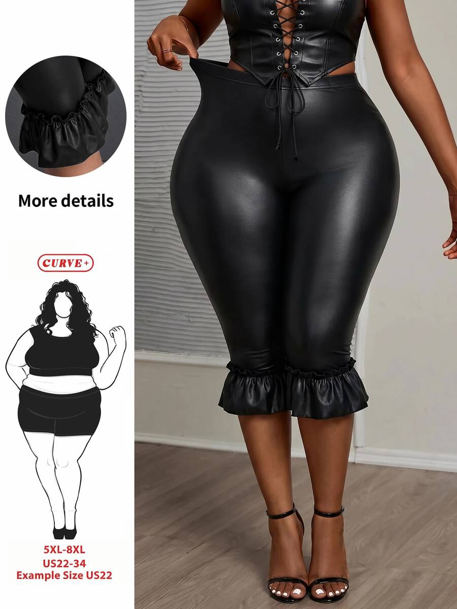 SHEIN CURVE+ Plus Size Women's Solid Color PU Leather Ruffle Trim Fashion 3/4 Length Pants Christmas - Black - View 1
