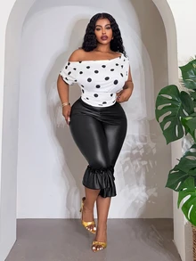 SHEIN CURVE+ Plus Size Women's Solid Color PU Leather Ruffle Trim Fashion 3/4 Length Pants Christmas - Black - View 11