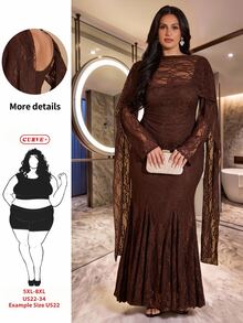 SHEIN CURVE+ Women Plus Size Dress 22W, Autumn/Winter Brown Long Dress, Ribbon Long Sleeve Dress Fall Christmas - Coffee Brown - View 1