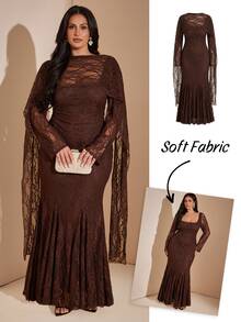 SHEIN CURVE+ Women Plus Size Dress 22W, Autumn/Winter Brown Long Dress, Ribbon Long Sleeve Dress Fall Christmas - Coffee Brown - View 7