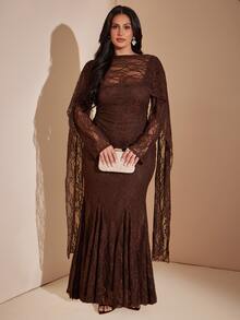 SHEIN CURVE+ Women Plus Size Dress 22W, Autumn/Winter Brown Long Dress, Ribbon Long Sleeve Dress Fall Christmas - Coffee Brown - View 8