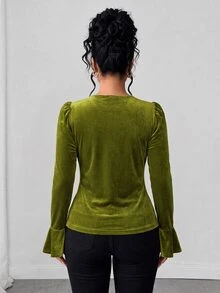 Elenzga Plus Size Women's Round Neck Cutout Design Long Sleeve Ruffle Trim T-Shirt Fall - Army Green - View 2